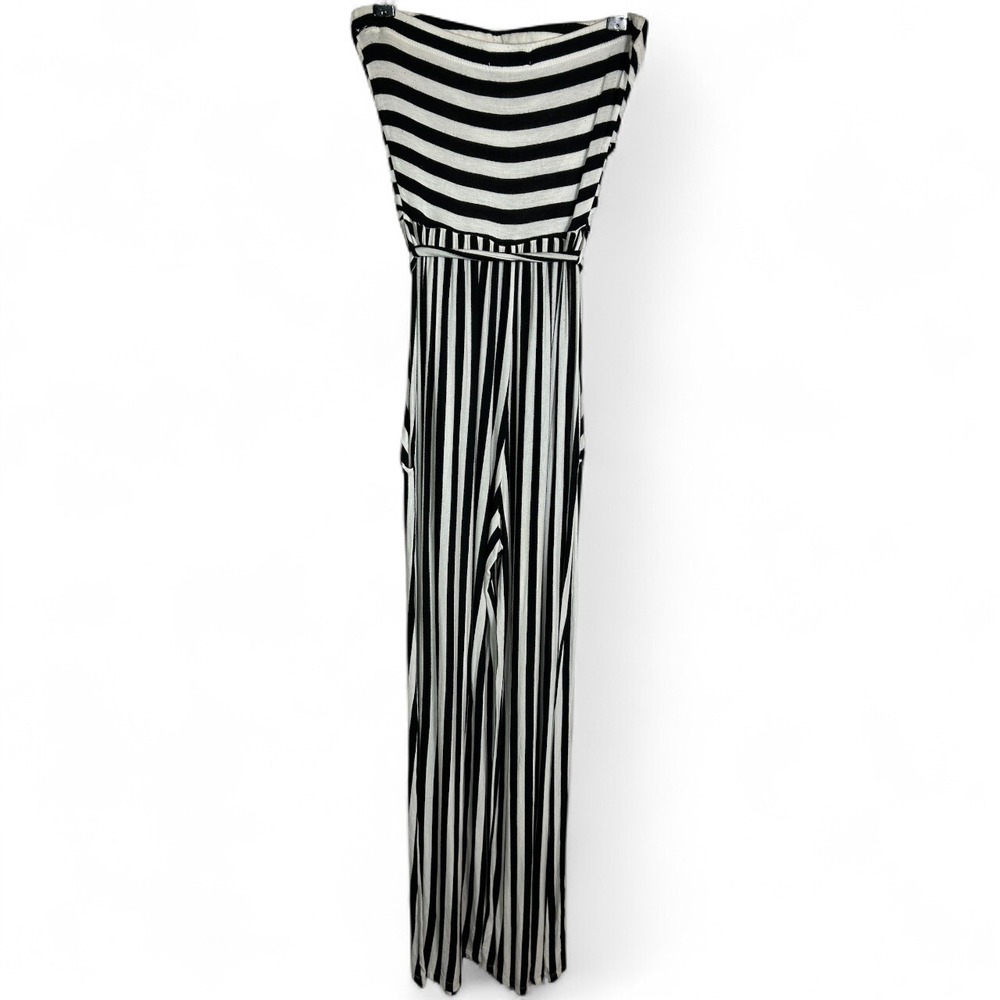 Meek Black White Striped Jumpsuit Small Strapless Wide Leg Tie Waist Flowy - Picture 2 of 4